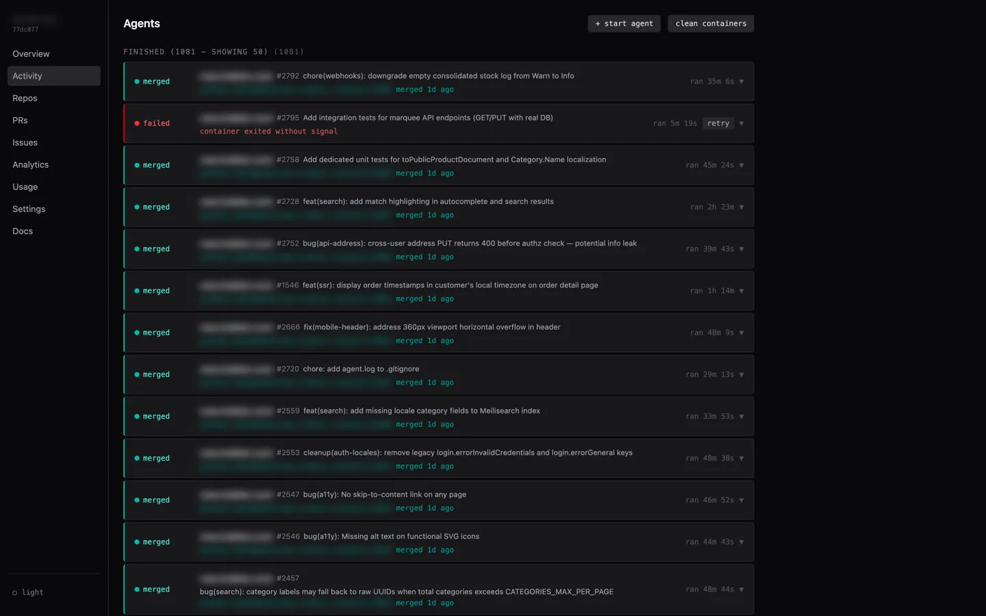 AI-SDLC activity view — per-run timeline across projects